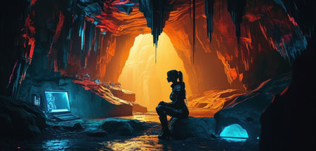 Fantasy scene of a woman in the cave. 3d renderingの素材