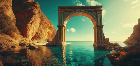 Medieval arch in the sea at sunset. 3D Renderingの素材