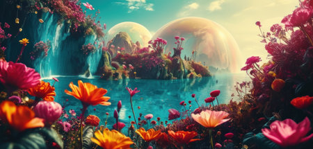 Colorful fantasy landscape with a waterfall and flowers. 3d renderingの素材