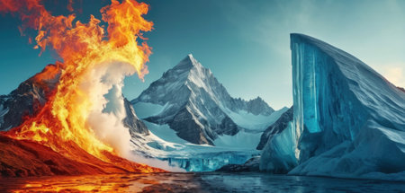 Flaming icebergs in the ocean. 3d illustration.の素材