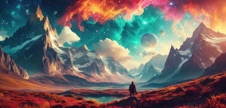 Fantasy landscape with mountains and man in front of the moon.の素材