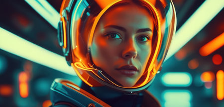 Portrait of a female astronaut in an astronaut helmet. Futuristic background.の素材