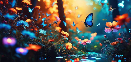 Beautiful nature scene with blooming meadow and butterfly. Nature backgroundの素材