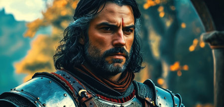 Portrait of a medieval warrior in armor and helmet on nature backgroundの素材