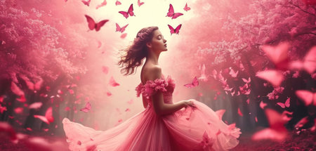 Beautiful girl in fairy forest with flying butterflies. Beauty, fashion.の素材