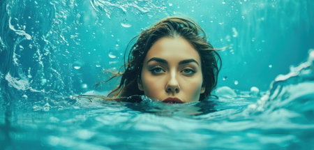 Portrait of a beautiful young brunette woman in the water.の素材