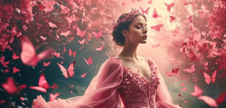 Beautiful young woman in pink dress among the flying butterflies. Beauty, fashion.の素材