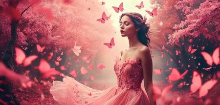 Beautiful woman in pink dress with butterflies flying around her in a fairy forestの素材