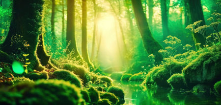 Beautiful green forest with fog and sunlight. Panoramic imageの素材