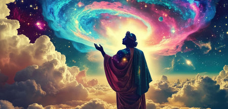 Nativity scene with Jesus Christ and colorful sky. 3d renderingの素材