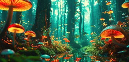 Fantasy fantasy forest with magic mushrooms. 3d render illustration.の素材