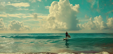 Surfer in the ocean on a sunny day. Vintage style.の素材