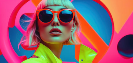 Fashion portrait of beautiful young woman with pink hair and sunglasses.の素材