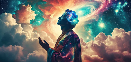 Buddha in the sky with clouds and stars. 3D renderingの素材