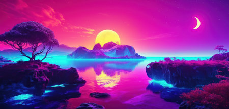 3d render of a fantasy landscape with a sea and a moonの素材