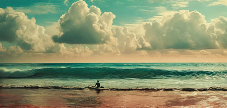 Surfer on the beach at sunset. Panoramic image.の素材