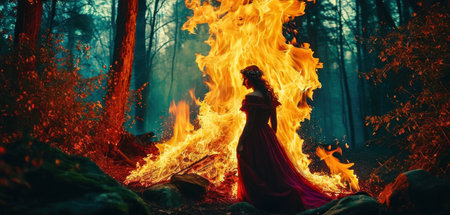 Beautiful woman in a red dress with a burning fire in the forest.の素材