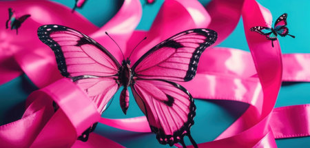 Butterfly on pink ribbon on blue background. Close up.の素材