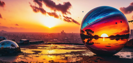 Reflection of the city in a glass ball with a beautiful sunsetの素材