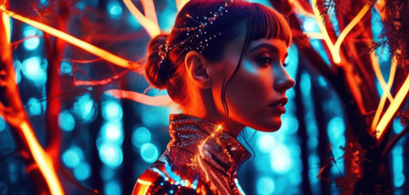 Portrait of a beautiful young woman in the forest at night.の素材