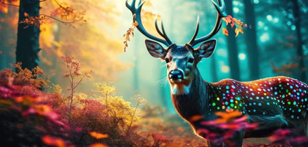 Beautiful wild deer in the autumn forest. Colorful nature background.の素材
