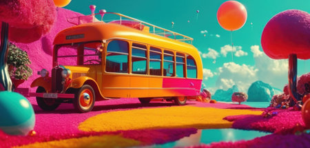 Vintage school bus with colorful balloons. 3D Rendering.の素材
