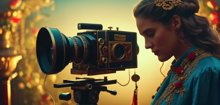 Beautiful young woman in indian dress with old camera. Retro style.の素材