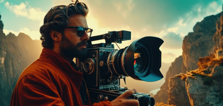 Handsome man with camera on the background of the mountains.の素材