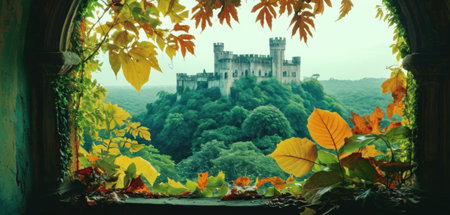 Beautiful autumn view from the window of a castle with falling leavesの素材