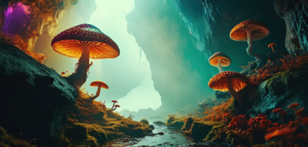 Fantasy landscape with mushrooms in the cave. 3D illustration.の素材