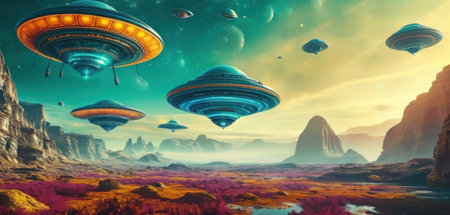 Fantasy alien planet. Flying saucers. 3D illustrationの素材