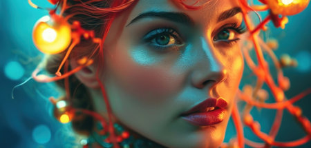 Portrait of beautiful young woman with christmas lights on her faceの素材