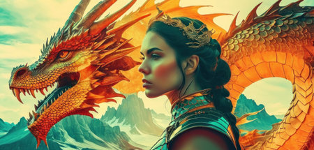 3D rendering of a beautiful fantasy woman with dragon in the skyの素材