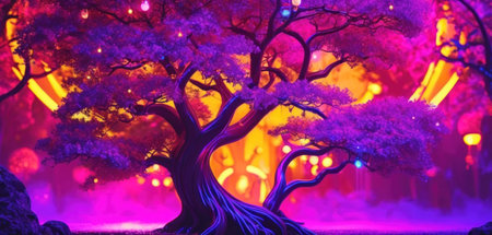 3D illustration of a beautiful fantasy tree in the garden with neon lightsの素材