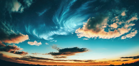 Night sky with clouds and stars. Panoramic view of the sky.の素材