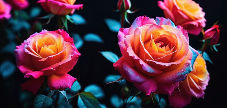 Beautiful pink and orange roses on a dark background. Selective focus.の素材