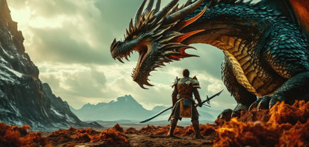 3D rendering of a fantasy dragon and a knight with a swordの素材