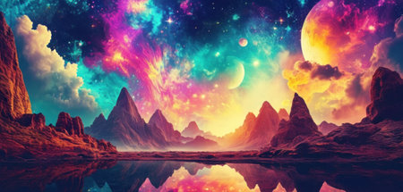 Fantasy alien planet. Mountain and lake. 3D illustration.の素材