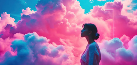Woman listening to music with headphones against blue and pink sky with cloudsの素材