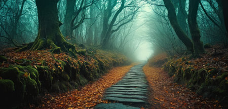 Foggy path in the autumn forest. Panoramic imageの素材