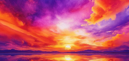 Colorful sunset over the sea and mountains. Panoramic view.の素材