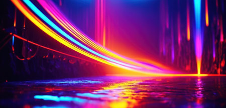 Neon light trails on the floor. 3d rendering background.の素材
