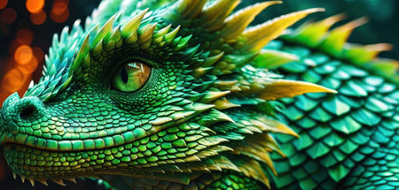Close-up of green dragon statue in the park, Thailand.の素材