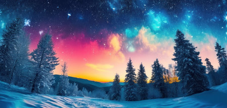 Fantastic winter landscape with snow covered trees and colorful sky.の素材