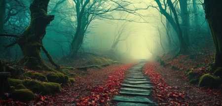 Pathway through the mysterious forest in the fog. Halloween concept.の素材