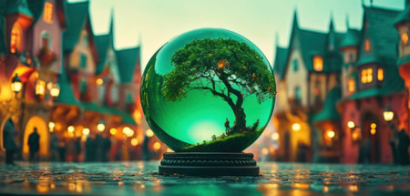 Crystal ball with reflection of the city and tree. 3d renderingの素材