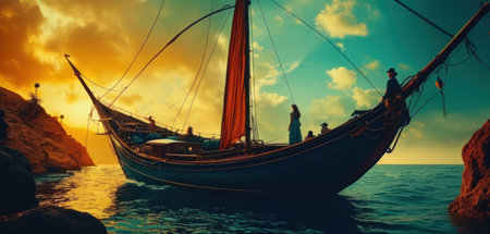 Silhouette of a traditional wooden boat in the sea at sunsetの素材