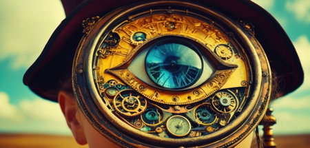 Close-up portrait of a boy in a steampunk helmet and glasses.の素材