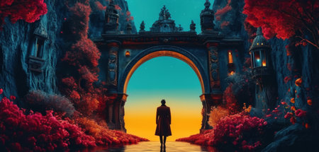 3d illustration of a woman standing in the middle of a fantasy forest with a magical gateの素材