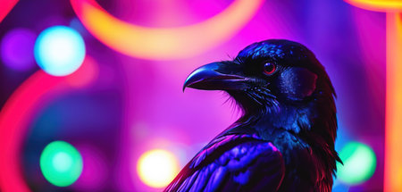 Crow in front of a colorful bokeh background, close upの素材